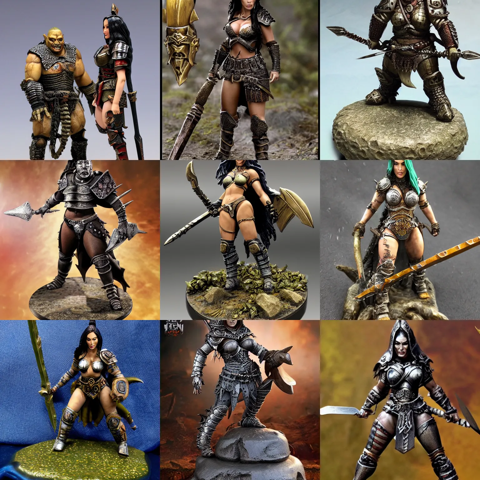 Prompt: 80mm resin detailed Miniature of Megan Fox in armor is talking with an orc warrior; Image on the store website, eBay, Full body