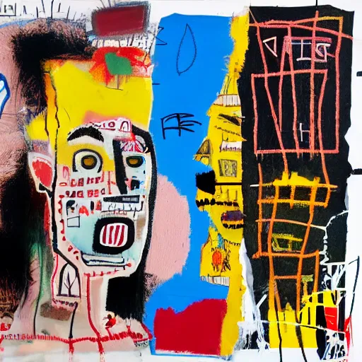 Prompt: mixed media collage basquiat style