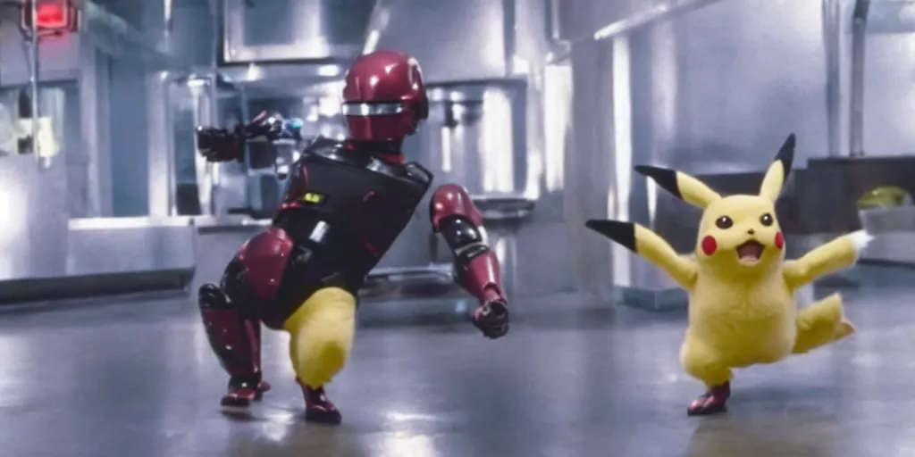 Image similar to a still of pikachu in RoboCop