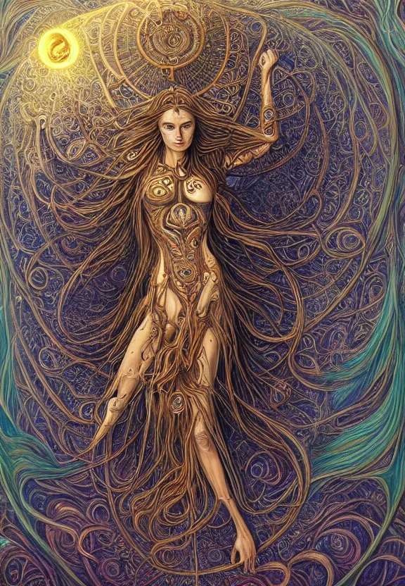 Prompt: perfectly centered full body front view of a beautiful biomechanical moon goddess, flowing hair, intense stare, sweet smile, symmetrical, concept art, intricate detail, volumetric shadows and lighting, psychedelic colors, realistic oil painting, alex grey, gustave dore,