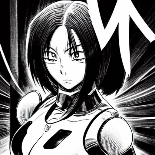 Image similar to alita by yukito kishiro. medium shot. black and white manga.