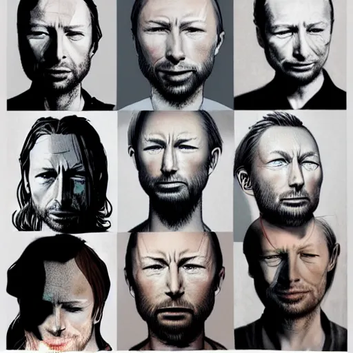 Image similar to versions collage, hyper realistic, many variations of thom yorke, very old, face variations, various emotions, various poses, high quality, brush stroke