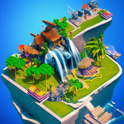 Image similar to Isometric 3D Fantasy Island, very realistic, no background, 3D character, very colourful, cinematic lighting, cgi render, trending on Artstation