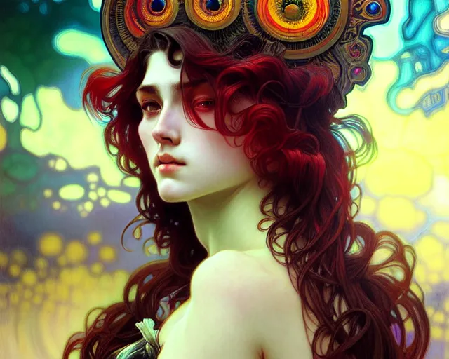 Image similar to overlord, psychedelic hair, portrait, highly detailed, deep focus, elegant, digital painting, smooth, sharp focus, illustration, ultra realistic, 8 k, art by artgerm and alphonse mucha and edgar maxence
