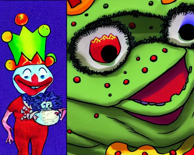 Prompt: Clown Frog King looks down from the clown castle at a furious battle below, king pepe with rainbow wig, in the style of Berserk, clown frog battle