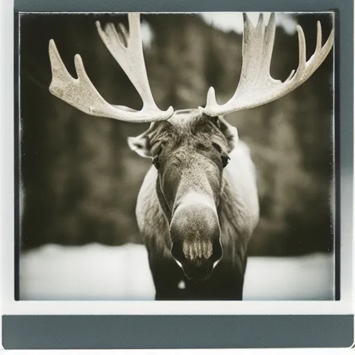 Image similar to polaroid of a moose with a mischievous smile