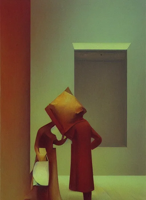 Prompt: paper bag over the head and a sward Edward Hopper and James Gilleard, Zdzislaw Beksinski, highly detailed