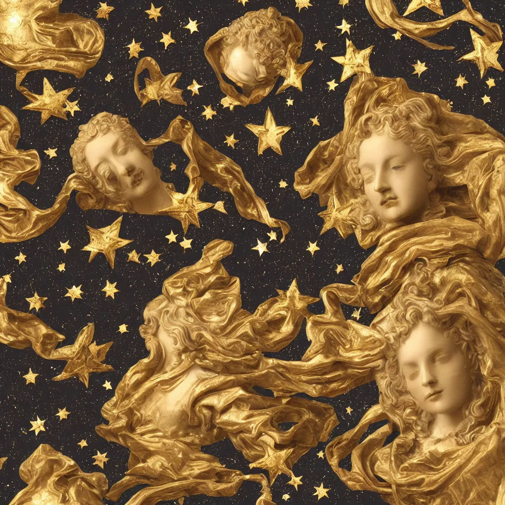 Image similar to baroque woman marble and gold in space, stars, clouds