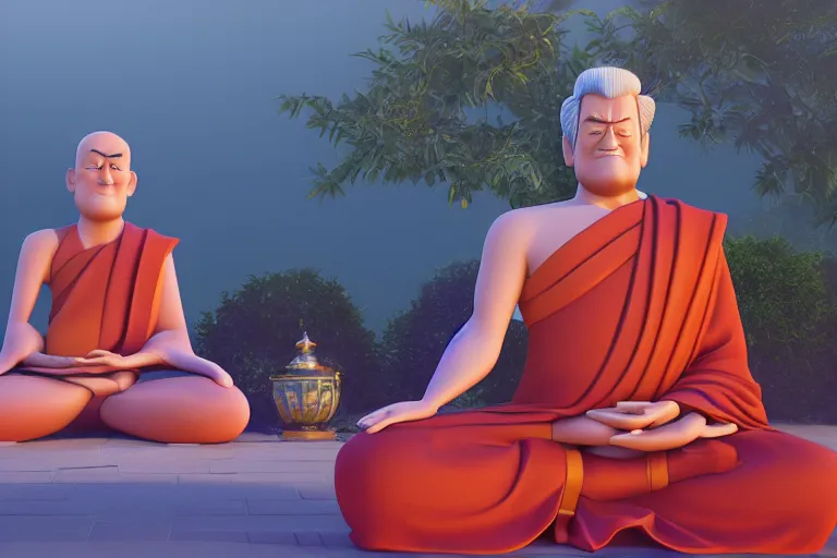 Prompt: still from a Pixar movie of Donald Trump Meditating in a Buddhist Temple, high quality 3d render, movie, Pixar, Renderman, 4k, artstation