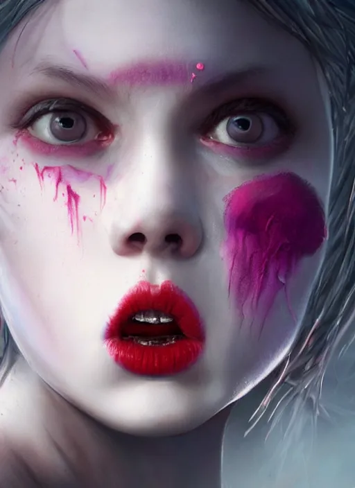 Image similar to profile of sinister girl with pouty aerochrome lips, fungal, unforgivable, cute bandaid on nose!!, expressive eyes, playful pose of a demon, greg rutkowski, charlie bowater, yuumei, stephen gammell, unreal 5, daz, hyperrealistic, octane render, rpg portrait, dynamic lighting, fantasy art, beautiful face