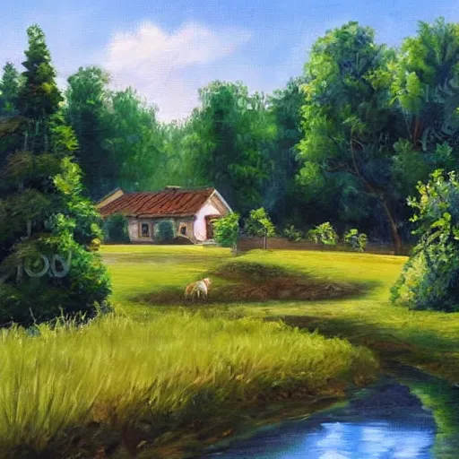 Image similar to house in the countryside on a sunny day, forest, realistic, detailed, peaceful, brush strokes, oil painting