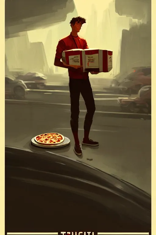 Image similar to greg rutkowski travel poster futuristic pizza delivery boy