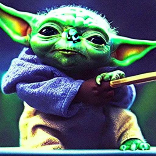 Image similar to hyper realistic baby Yoda eating hot-dog,detalied,