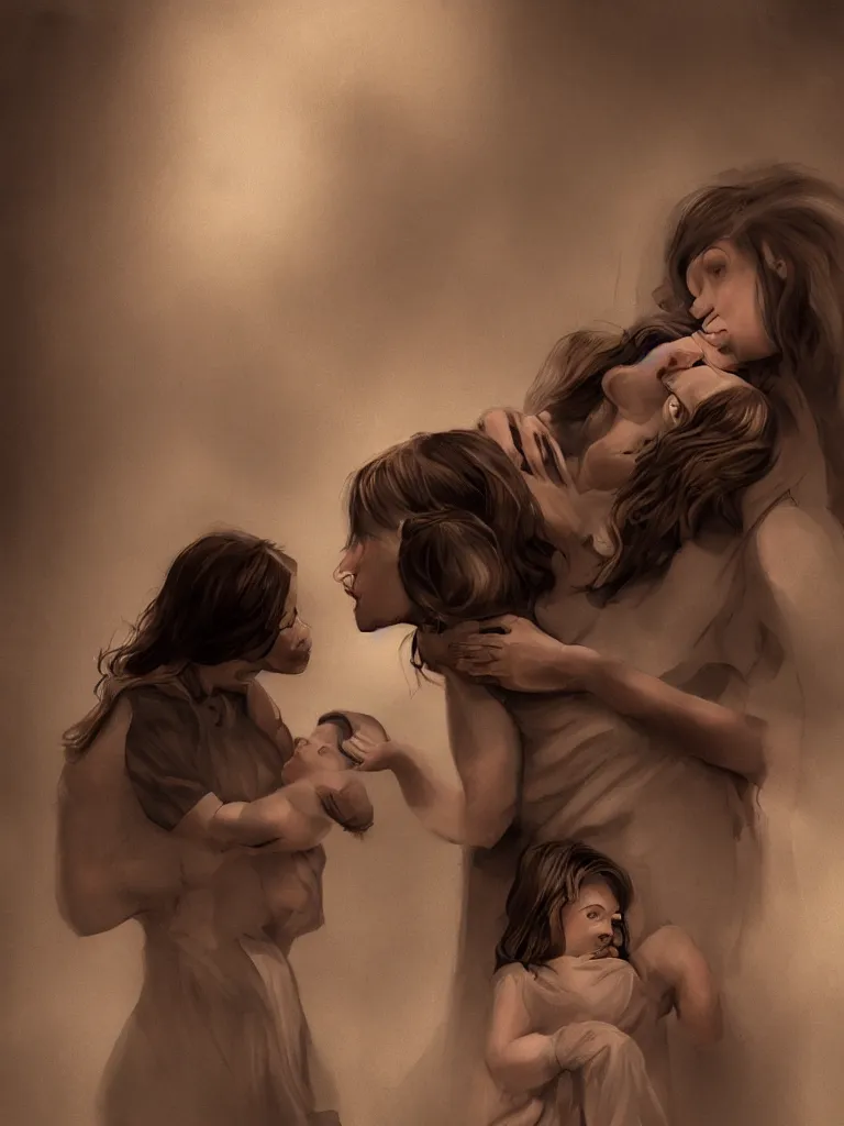 Image similar to motherhood, illustration, concept art, dramatic lighting, emotional, blunt borders, rule of thirds