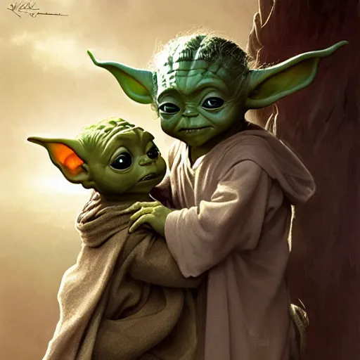 Image similar to baby yoda in the role of frodo from lord of the ring, intricate, elegant, highly detailed, digital painting, artstation, concept art, smooth, sharp focus, illustration, art by artgerm and greg rutkowski and alphonse mucha and william - adolphe bouguereau