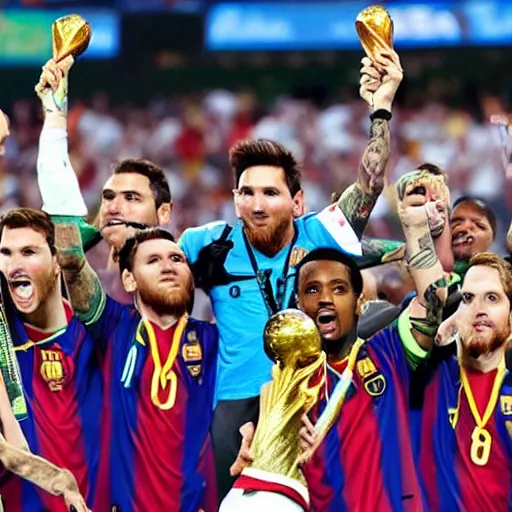 Prompt: a picture of messi holding the fifa world cup