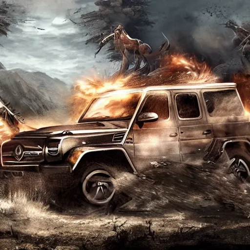 Image similar to g wagon, tribe members attacking, epic action scene, cinematic, digital art, 4k, hd, fantasy, art station