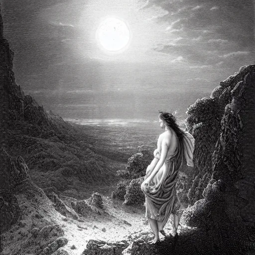 Prompt: A female wanderer looks from a mountaintop, mountains, gorgeous view, velly distant forest, distant city, distant glow, night, moon, dramatic light, Chiaroscuro, long shadows, dark, masterpiece, high detail, detailed, illustration by Paul Gustave Doré