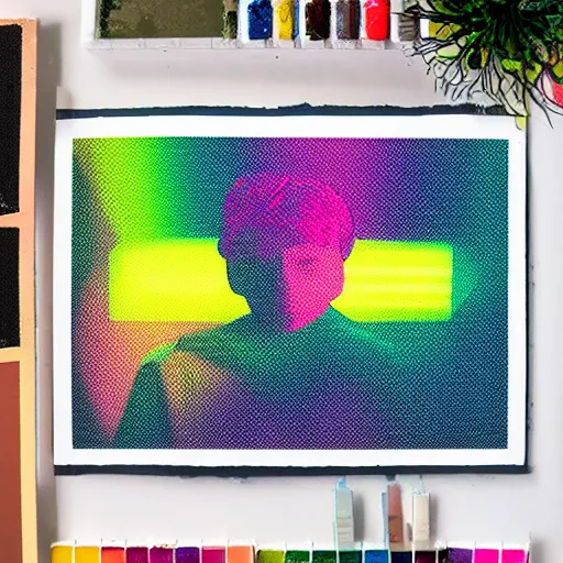 Image similar to a painting photoshop halftone highlights | chromatic risograph print