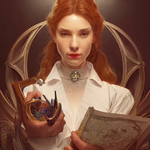 Image similar to perfectly - centered - portrait of a crazy secretary, intricate, highly detailed, digital painting, artstation, concept art, smooth, sharp focus, illustration, unreal engine 5, 8 k, art by artgerm and greg rutkowski and alphonse mucha