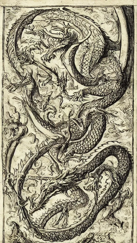 Prompt: western esoteric illustration of a dragon by george ripley, circa 1 4 7 0