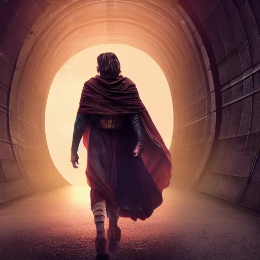 Image similar to sci-fi time traveler nomad wearing a cloak, cape, walking through a neone clock tunnel into another dimension, clocks falling, hdr, glow, sunset, zack snyder cinematography style, dark, cinematic, cinema lighting, highly detailed, ultra realistic, cinematic lighting, 8k