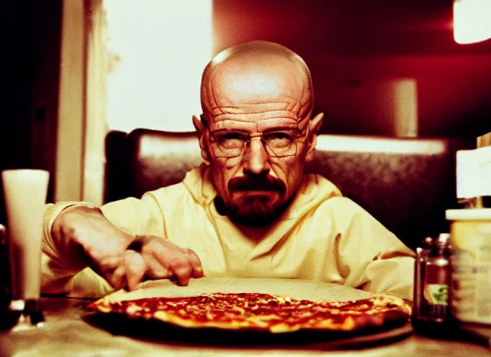 Prompt: beautiful portrait of walter white eating pizza sloppy sauce, chuck - e - cheese, dramatic lighting, moody film still from breaking bad ( 2 0 1 2, 3 5 mm kodak color stock, 2 4 mm lens, directed by rian johnson, ecktochrome