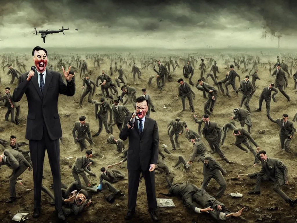 Image similar to one Comedian in suit and tie performing in a battle-field with dead bodies on the ground, comedian is funny, performing to dead soldiers, nuclear bomb in far horizon, apocalypse, trending on artstation, artstationHD, hyperdetailed matte painting, highly detailed, digital painting, hyper-realistic, realistic, photo-realistic