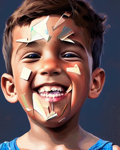 Prompt: digital painting, of smiling boy, shards of time, medium closd - up, illustration, highly detailed, simple, no jagged lines, smooth, artstation, artwork by obey, artwork by sandra chevrier
