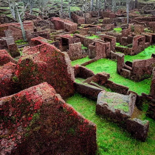 Image similar to the ruins of a giant village made out of stone, overgrown by red moss