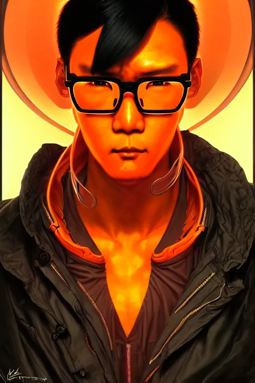 Image similar to a japanese man with very short black hair, broad shoulders, thick round spectacles, wearing a bright orange bomber jacket, seductive cyberpunk dark fantasy, art by artgerm and karol bak and moebius and alphonse mucha and greg rutkowski, hyperdetailed, ultrarealistic, octane render