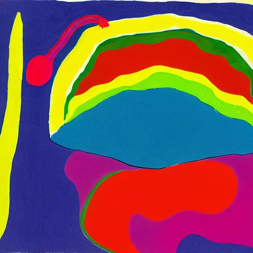 Prompt: doom by etel adnan. the experimental art of the moment when the goddess venus is born from the sea. she is shown standing on a giant clam shell, with her long, flowing hair blowing in the wind. the experimental art is full of light & color, & venus looks like she is about to step into a beautiful, bright future.