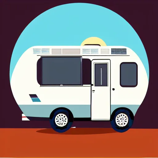 Prompt: very very very stylized minimal vector graphic of a cute class c motorhome, hills and sunset, white background, all enclosed in a circle, professional minimal graphic design cartoon