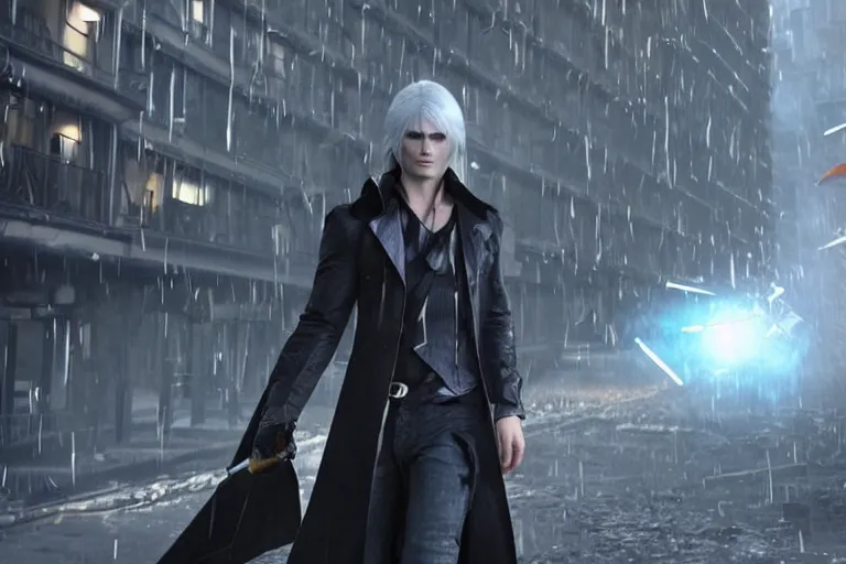 Image similar to vfx movie suave vampire with long white hair, trench coat, dual wielding large revolvers, ascending into the air in a shattered reality of new york city, devil may cry, by emmanuel lubezki