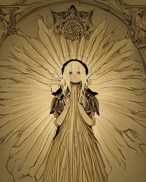 Prompt: hybrid nierautomata painting, sun rays, angel relief, infinitely detailed architectures