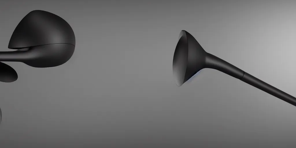 Prompt: aerodynamic audio design concept, electronic high tech musical, very distant shot render matte black, centered on studio gray background, design by james dyson, jonathan ive, futuristic organic shape, all black technologic design, octane engine render, product concept, unreal engine 6 render