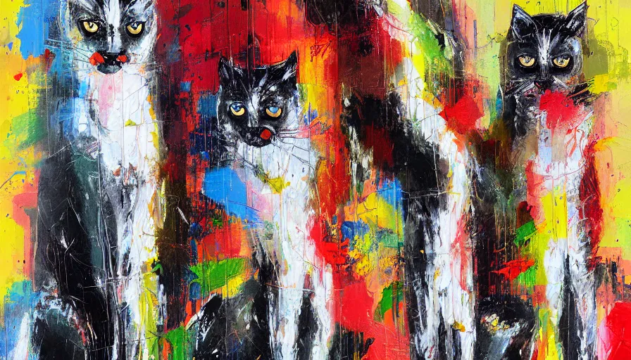 Image similar to contemporary semi abstract acrylic painting of really tall cats by cath kidson, by greg rutkowski, kessler art, thick brush strokes and visible paint layers, multicolor color scheme