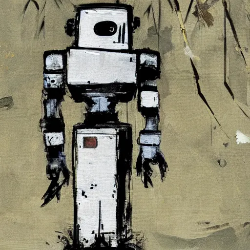 Prompt: a robot painted by ashley wood, forgotten in the forest