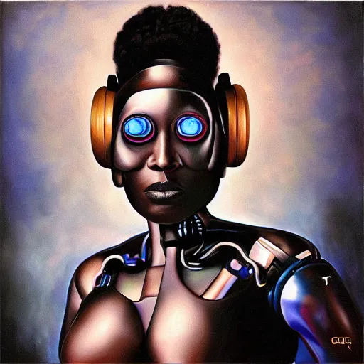 Image similar to a realistic oil painting of a black woman as a cybernetic cyborg, surrealism portrait, surrealism album cover