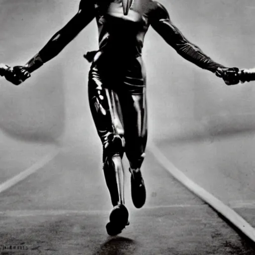 Image similar to Trinity the matrix, Female sprinter in athletic attire with cyborg legs, metal body, diesel punk, athletic footage, 1960's olympics, cinematic, art deco stadium