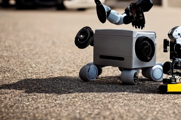 Prompt: cinematic wide - angle shot of a robot eating a hard drive,