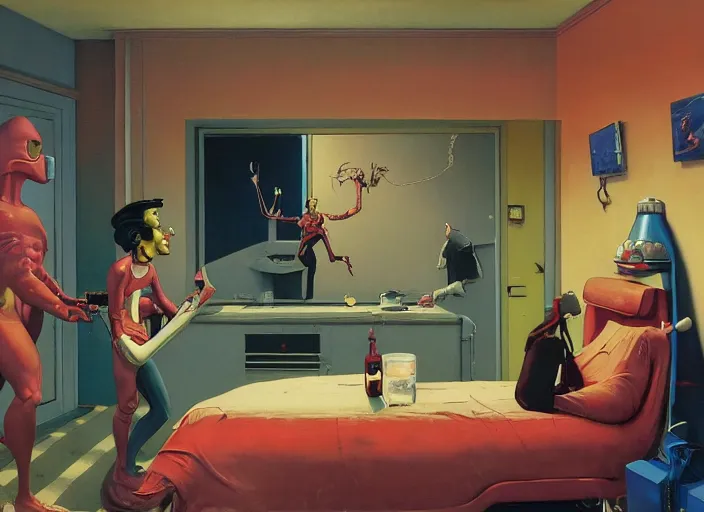Prompt: a still from the tv series futurama by francis bacon, surreal, norman rockwell and james jean, greg hildebrandt, and mark brooks, triadic color scheme, by greg rutkowski, in the style of francis bacon and syd mead and edward hopper and norman rockwell and beksinski, dark surrealism, open ceiling