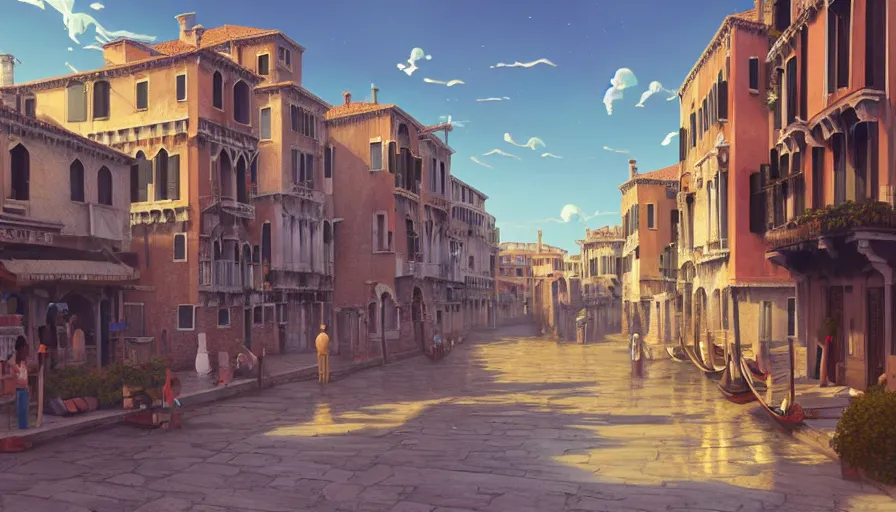 Prompt: A highly detailed matte painting of venice street with a bright shimmering sky by Studio Ghibli, Mokoto Shinkai, by Artgerm, by beeple, volumetric lighting, octane render, 4K resolution, trending on artstation, vivid colours