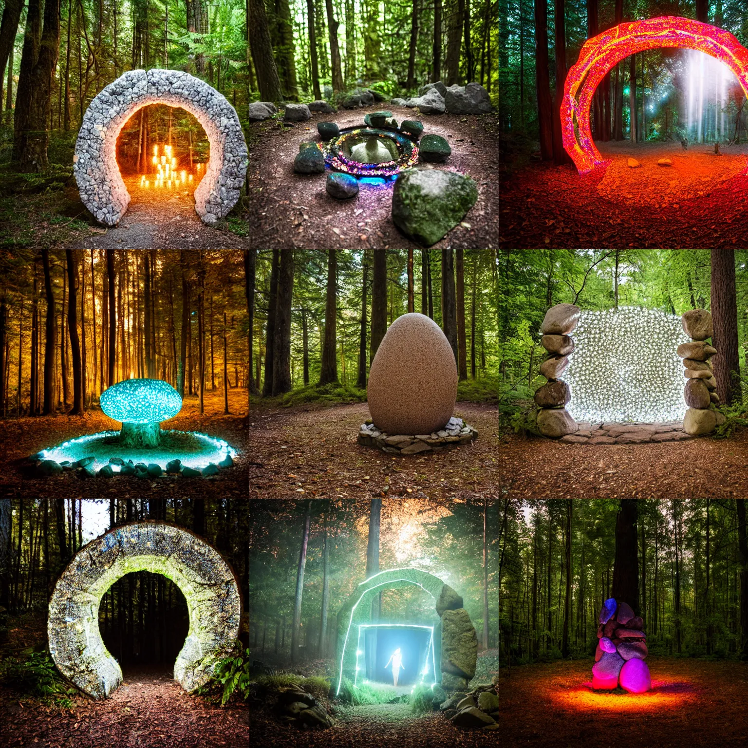 Prompt: Glowing magical portal made of stones in the forest, taken with Sony a7R camera