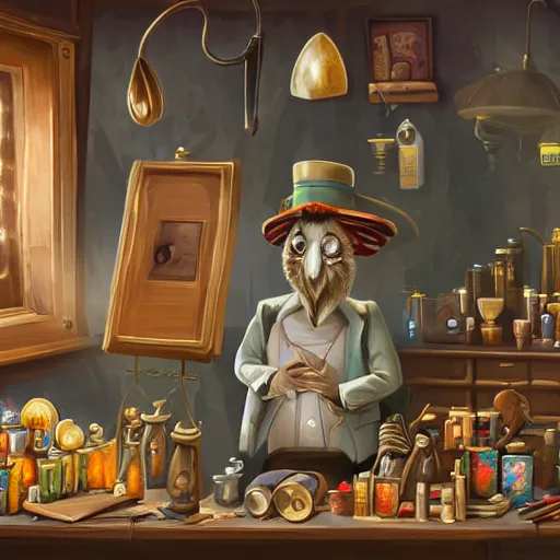 Image similar to Anthropomorphized DinosUr trader in his shop, selling his wares, portrait, items, gold, magic potions, carpet, window, fancy hat, sly expression , cunning expression, cute expression, long thick shiny gold beak, presenting wares, holding a gold bag, D&D, fantasy, cinematic lighting, highly detailed, digital painting, artstation, concept art, smooth, sharp focus, illustration, warm light, cozy warm tint, magic the gathering artwork, volumetric lighting, 8k, art by Akihiko Yoshida, Greg Rutkowski