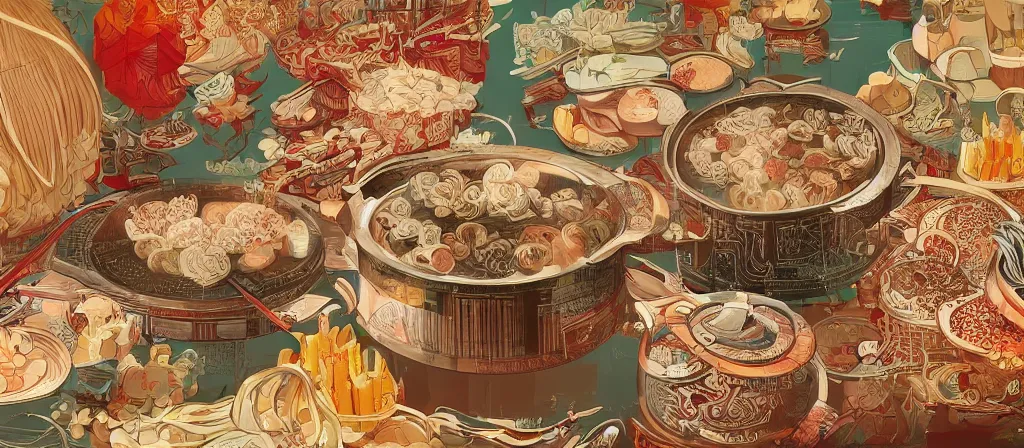Image similar to a beautiful hyperdetailed 4 k hd wall paper illustration of roasted string hotpot, wallpaper design, simple style, marketing kebab hotpot wallpaper display, wall painting, from china, with merchant logo, simple structure, surrealistic, chinese style, victo ngai, james jean