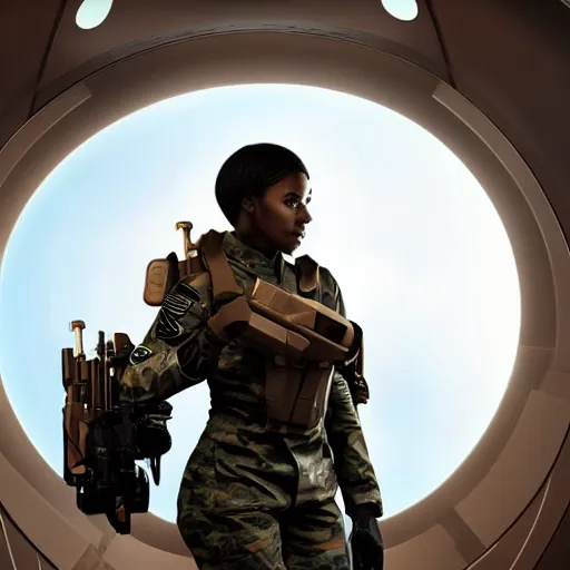 Image similar to a futuristic female soldier with brown skin and short hair in a spaceship