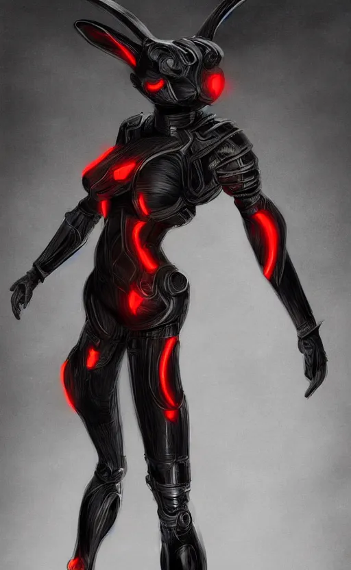 Prompt: Full body portrait of a cyborg rabbit assassin, in black carbon and red fiber sci-fi armor, tech wear, sci-fi, intricate, elegant, highly detailed, digital painting, artstation, concept art, smooth, sharp focus, illustration, trending on art station, dynamic lighting, cinematic, ultra detailed, fantasy concept art