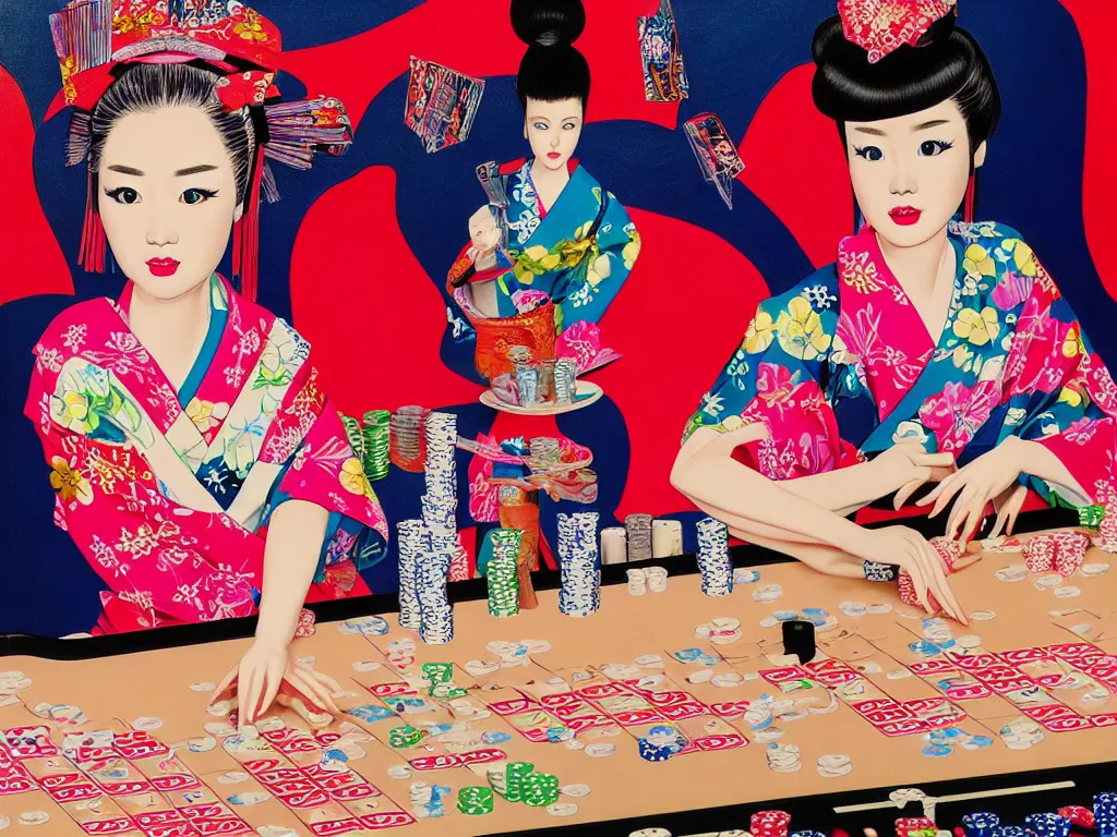 Prompt: hyperrealism composition of the detailed single woman in a japanese kimono sitting at an extremely detailed poker table with barbie, fireworks and folding screen on the background, pop - art style, jacky tsai style, andy warhol style, acrylic on canvas