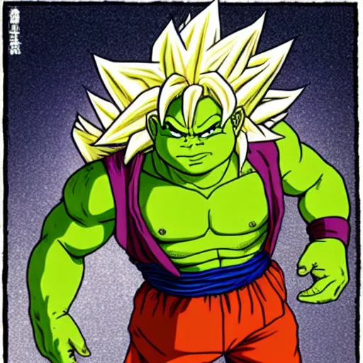 Image similar to portrait of shrek going super saiyan 3, by Akira Toriyama